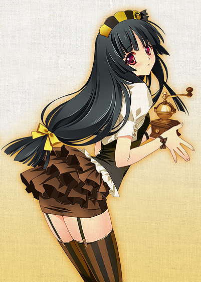 black_hair, bow, carnelian, doutor_coffee, garter_straps, hair_bow, headdress, long_hair, low-tied_long_hair, original, personification, red_eyes, ribbon, solo, thigh-highs, thighhighs, vertical-striped_legwear, vertical_stripes, zettai_ryouiki