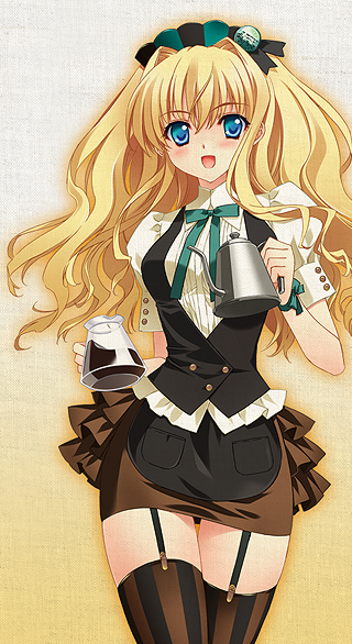 blonde_hair, blue_eyes, carnelian, coffee, coffee_pot, garter_straps, headdress, legs, long_hair, miniskirt, open_mouth, original, personification, ribbon, skirt, solo, starbucks, teapot, thigh-highs, thigh_gap, thighhighs, thighs, vertical-striped_legwear, vertical_stripes, waitress, zettai_ryouiki