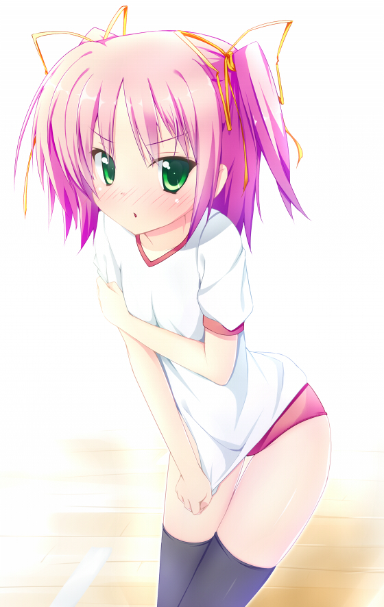 akishisu_(air_balance), blush, breasts, buruma, covering, covering_breasts, flat_chest, green_eyes