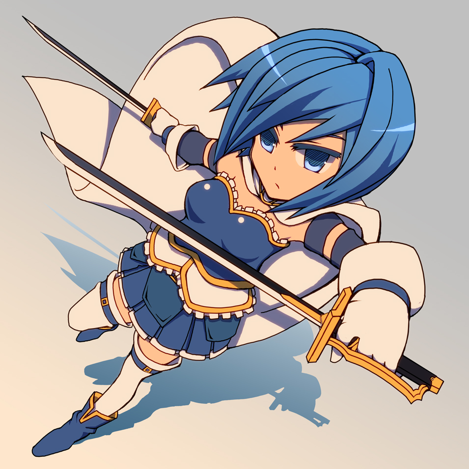 armband, aroha_j, blue_eyes, blue_hair, cape, dual_wielding, dutch_angle, gloves, magical_girl, mahou_shoujo_madoka_magica, miki_sayaka, short_hair, solo, sword, weapon