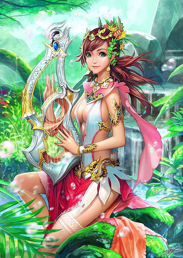 armlet, blue_eyes, breasts, brown_hair, center_opening, cleavage, diadem, earrings