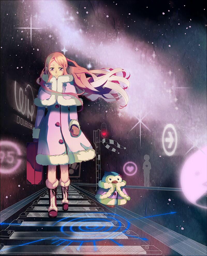boots, brown_hair, gloves, koukou64, long_hair, mawaru_penguindrum, mittens, penguin_3-gou, smile, solo, spoilers, suitcase, takakura_himari, takakura_shouma, very_long_hair