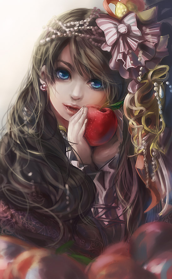 apple, blonde_hair, blue_eyes, bow, brown_hair, earrings, food, fruit