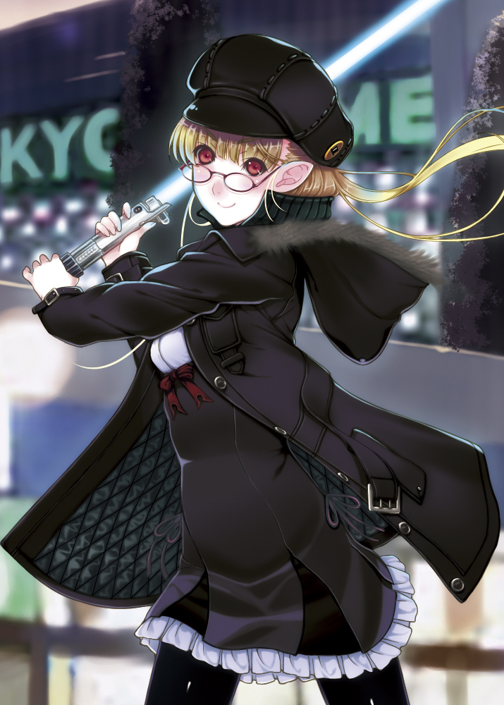 blonde_hair, cosplay, crossover, energy_sword, glasses, hat, lightsaber, original, otaku, pantyhose, parody, pointy_ears, red_eyes, smile, solo, star_wars, sword, takatou_suzunosuke, weapon