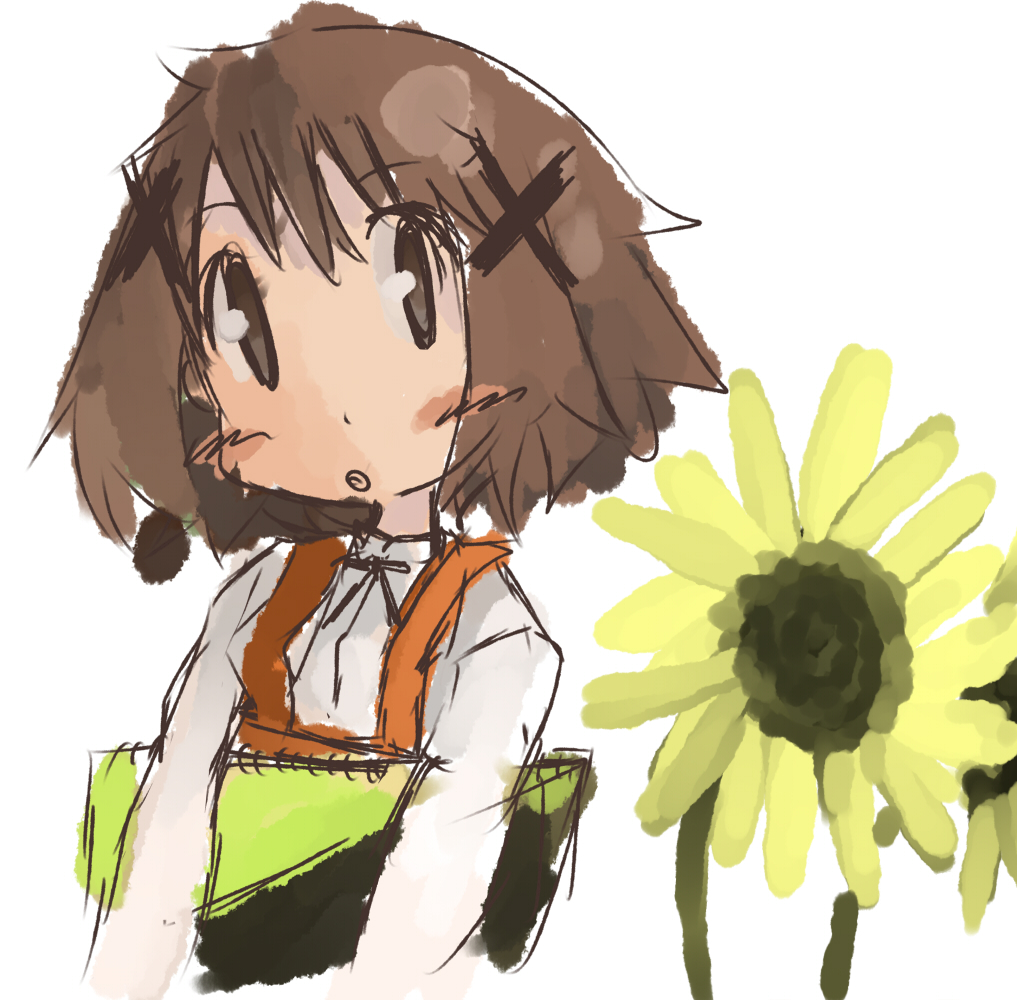 blush, brown_eyes, brown_hair, hair_ornament, hairclip, hidamari_sketch, koppe, school_uniform
