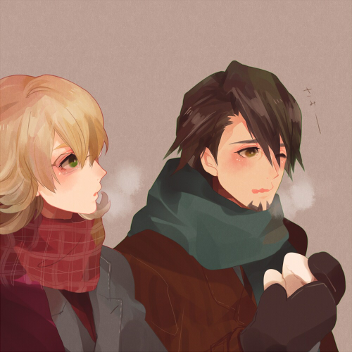 bad_id, barnaby_brooks_jr, blonde_hair, breath, brown_eyes, brown_hair, coat, facial_hair, glasses, green_eyes, kaburagi_t_kotetsu, lowres, male, mitten, mittens, multiple_boys, poco24, scarf, short_hair, sneezing, stubble, tiger_&amp;_bunny, wavy_mouth, winter_clothes
