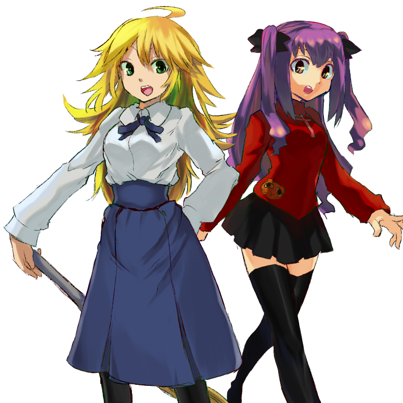 2girls, ahoge, artoria_pendragon_(all), artoria_pendragon_(all)_(cosplay), black_legwear, blonde_hair, brown_hair, character_request