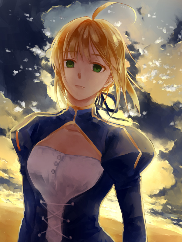 1boy, ahoge, blonde_hair, cleavage_cutout, cloud, dress, fate/stay_night, fate_(series)