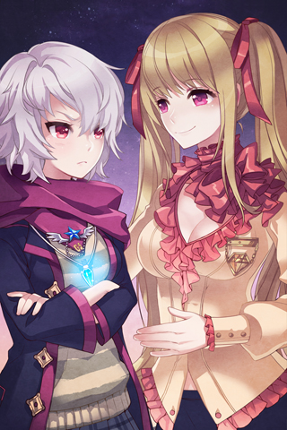 badge, bangs, blonde_hair, breasts, cleavage, coat, dress_shirt, frills, grey_hair, gs_1st_star, large_breasts, long_hair, lowres, multiple_girls, pink_eyes, plaid, plaid_skirt, red_eyes, scarf, schindler_k_eru, shirt, short_hair, skirt, smile, ssol, striped, sweater, sword_girls, twintails