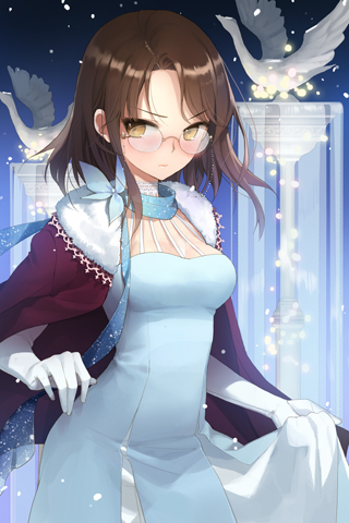 breasts, brown_hair, choker, cloak, dress, elbow_gloves, fountain, glasses