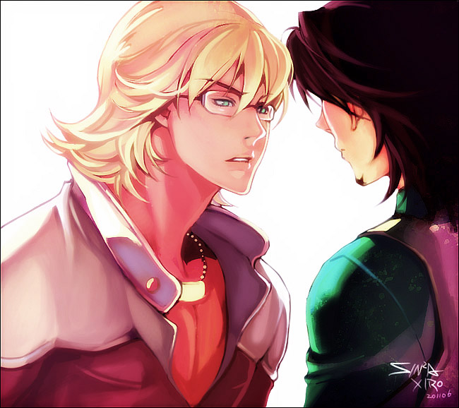 barnaby_brooks_jr, belt, blonde_hair, brown_hair, facial_hair, glasses, green_eyes, jacket, jewelry, kaburagi_t_kotetsu, male, multiple_boys, necklace, necktie, red_jacket, short_hair, signature, stubble, tiger_&amp;_bunny, vest, waistcoat, xiro