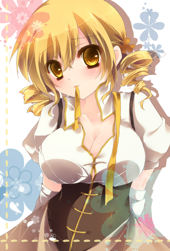 amanatsu_yuzuka, blonde_hair, breasts, cleavage, corset, drill_hair, hair_ornament, large_breasts