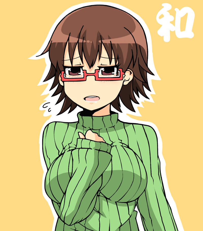 breasts, brown_eyes, brown_hair, eichikei, glasses, half_rim_glasses, k-on!, manabe_nodoka
