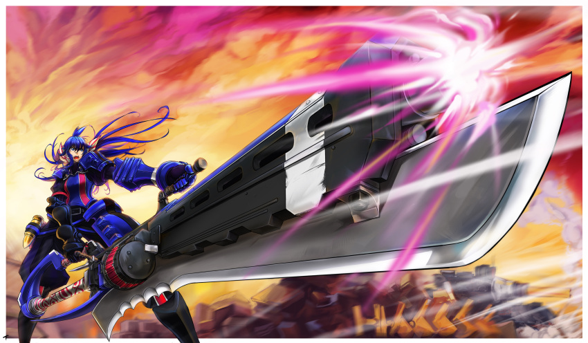 absurdres, armor, bayonet, belt, blade, blue_eyes, blue_hair, boots