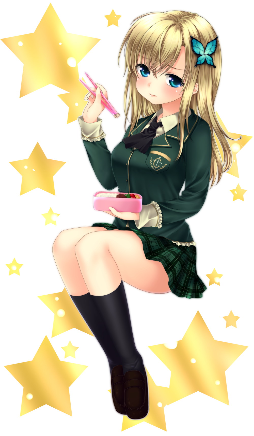 blonde_hair, blue_eyes, boku_wa_tomodachi_ga_sukunai, breasts, butterfly_hair_ornament, chopsticks, footwear, frown