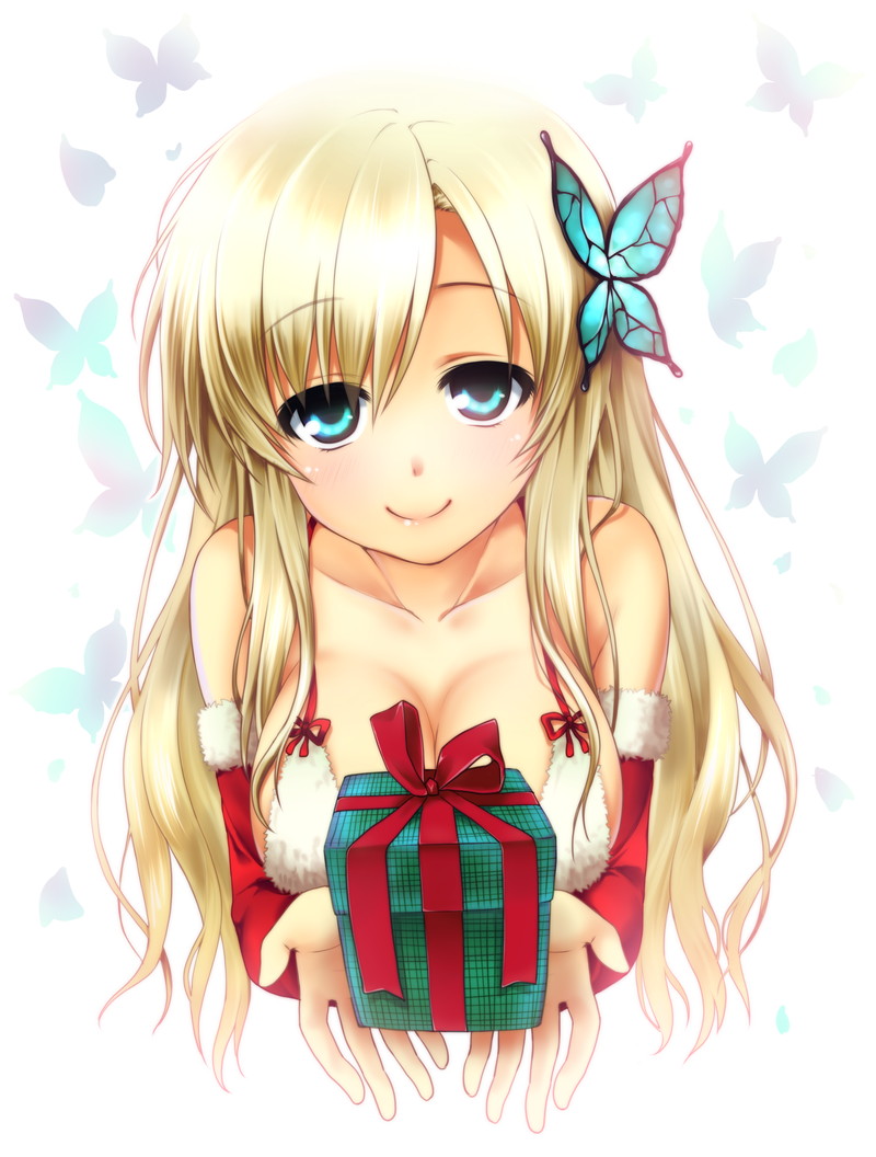 bare_shoulders, blonde_hair, blue_eyes, boku_wa_tomodachi_ga_sukunai, breasts, butterfly, butterfly_hair_ornament, christmas