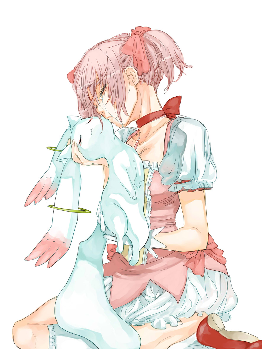 gloves, hair_bow, kaname_madoka, kneeling, korobu_(madob), kyubey, magical_girl, mahou_shoujo_madoka_magica, nuzzle, pink_hair, short_hair, short_twintails, single_glove, twintails