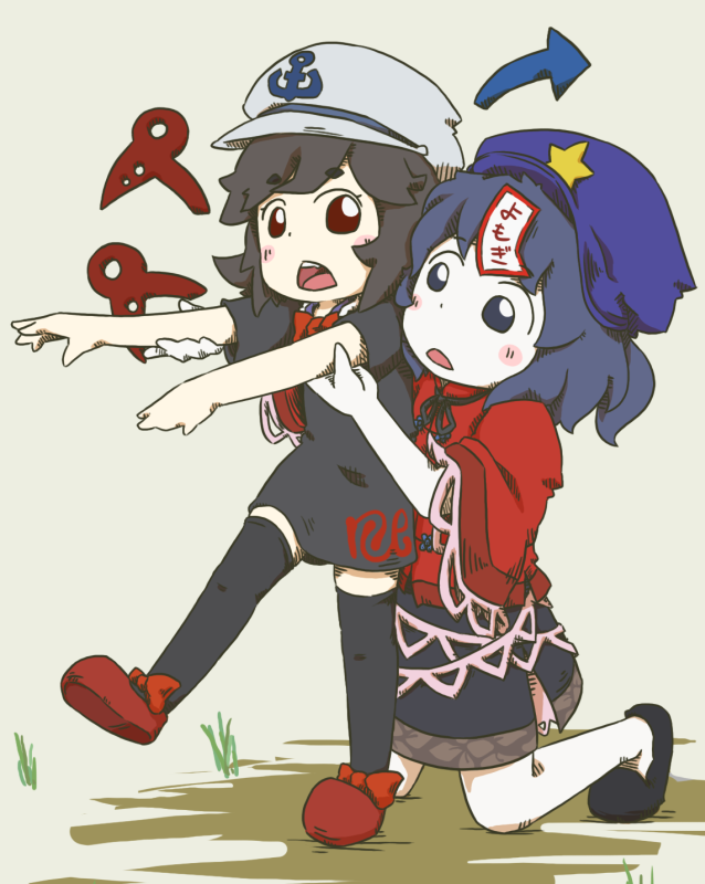 asymmetrical_wings, beret, black_dress, black_hair, black_legwear, blue_eyes, blue_hair, blush_stickers
