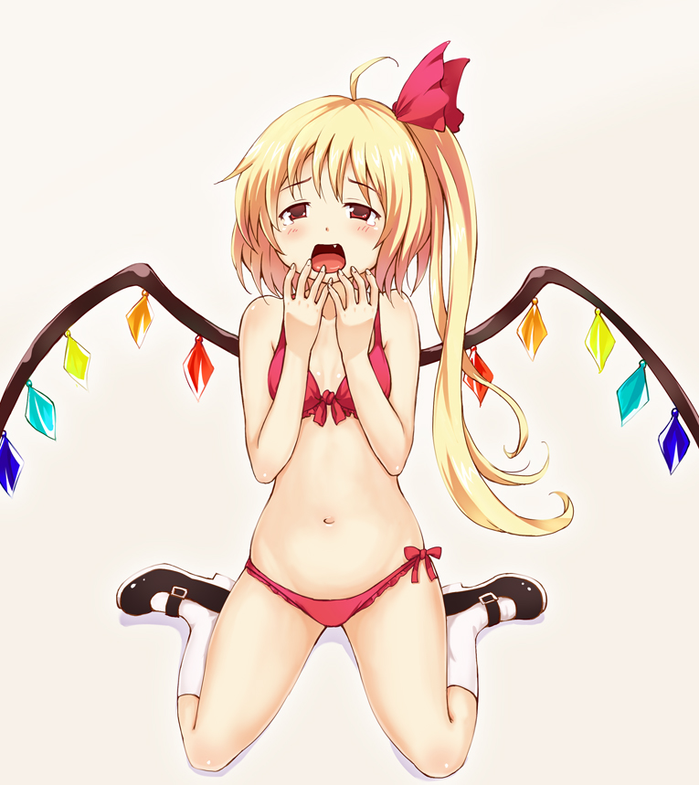 ahoge, bikini, blonde_hair, blue_door, blush, fang, flandre_scarlet, hair_ribbon
