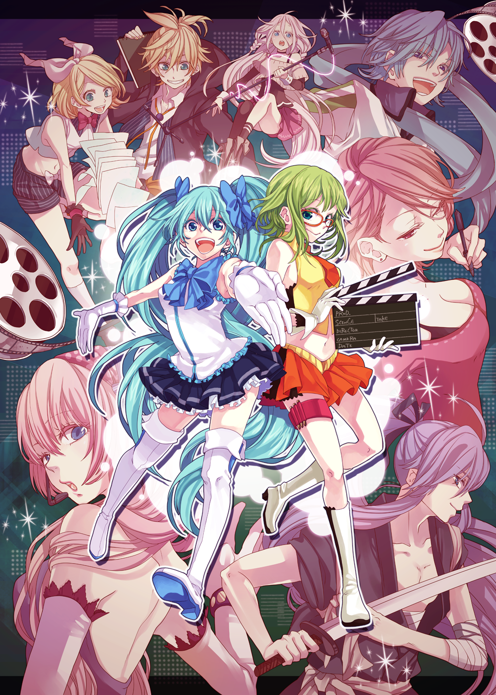 5girls, adapted_costume, aqua_eyes, aqua_hair, bespectacled, blonde_hair, blue_eyes, blue_hair