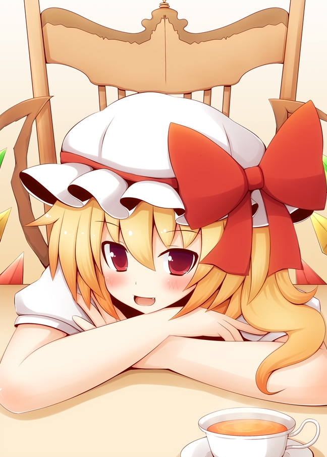 beni_shake, blonde_hair, blush, chair, crimson_shake, crossed_arms, cup, fang