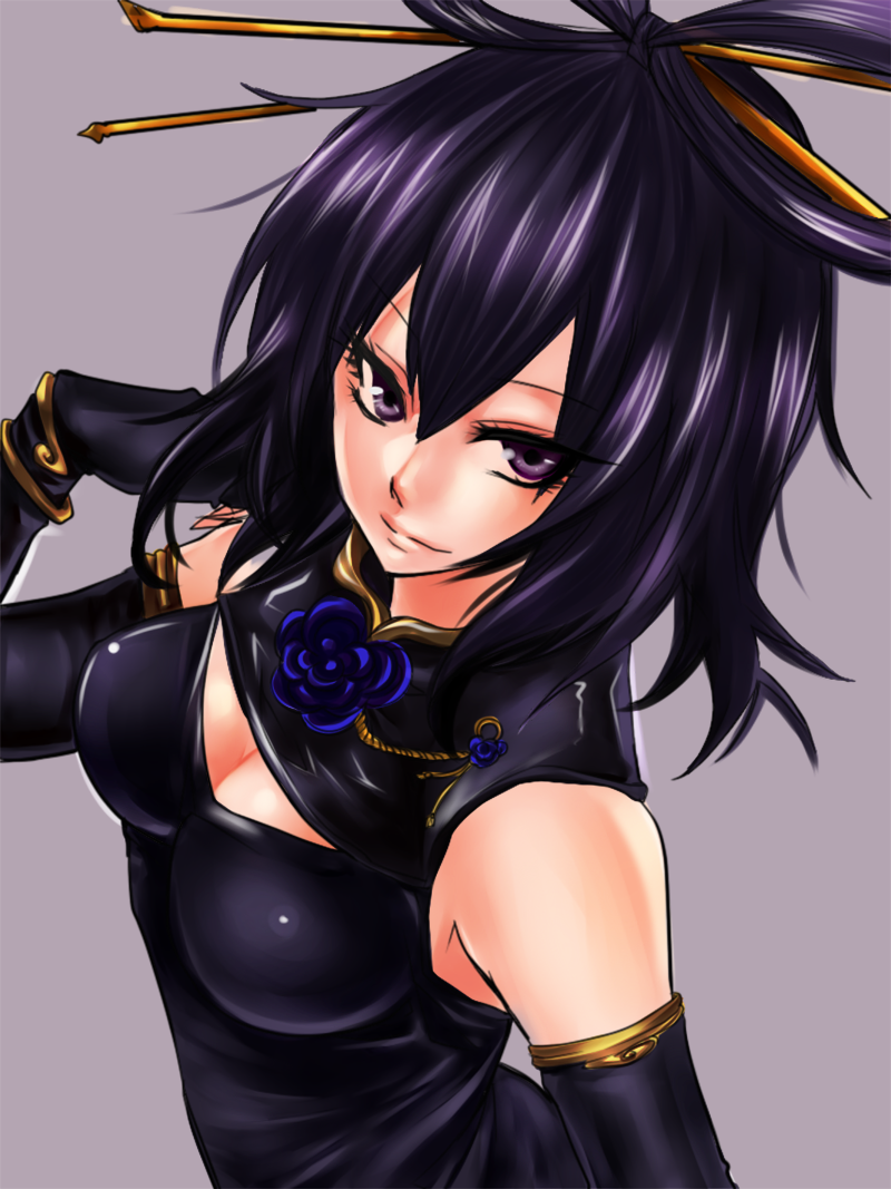 alternate_costume, arm_up, beniyaorin, blue_rose, cleavage_cutout, dress, elbow_gloves, flower, gloves, hair_rings, hair_stick, hand_in_hair, kaku_seiga, purple_dress, purple_eyes, purple_hair, rose, short_hair, sleeveless, sleeveless_dress, smile, solo, touhou, violet_eyes