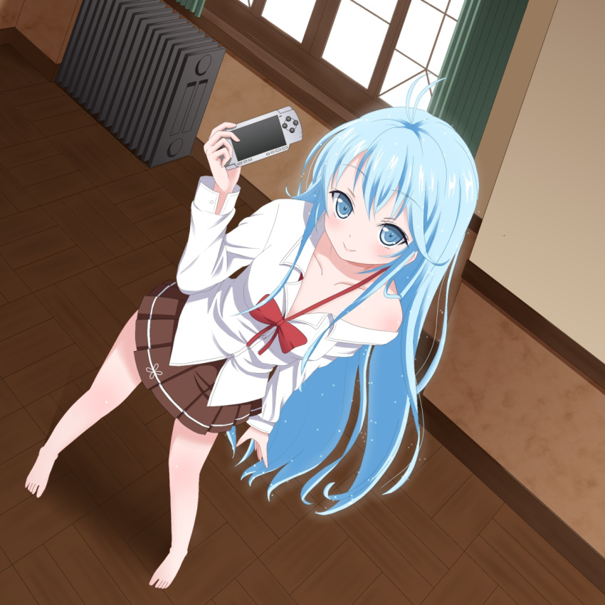 antenna_hair, barefoot, blue_eyes, blue_hair, blush, body_blush, collarbone, denpa_onna_to_seishun_otoko