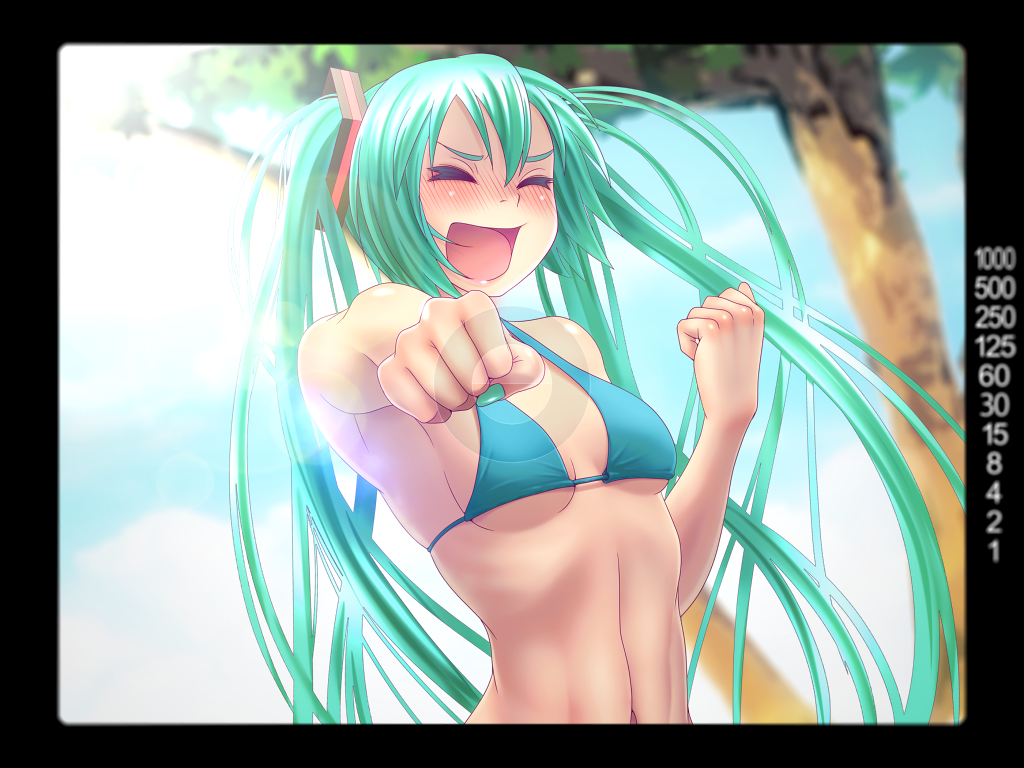 :d, aqua_hair, bikini_top, blush, breasts, clenched_hands, closed_eyes, eyes_closed