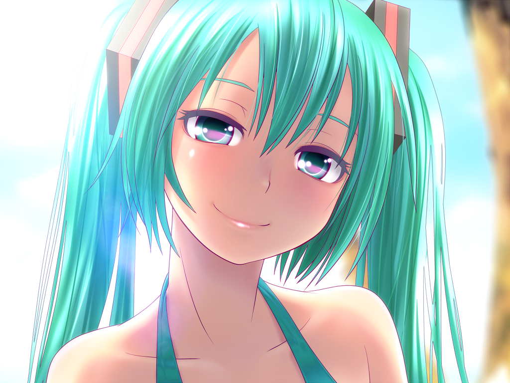 aqua_eyes, aqua_hair, bare_shoulders, blurry, collarbone, depth_of_field, face, green_hair