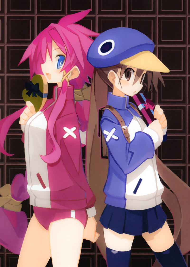 blue_eyes, brown_eyes, brown_hair, disgaea, gift, happy, harada_takehito, hat