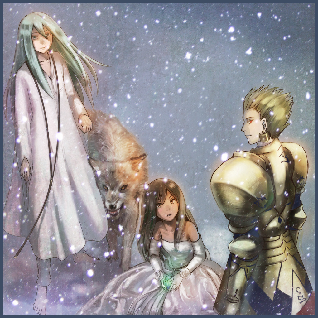 2boys, armor, aya_namihei, barefoot, blonde_hair, brown_hair, dress, earrings