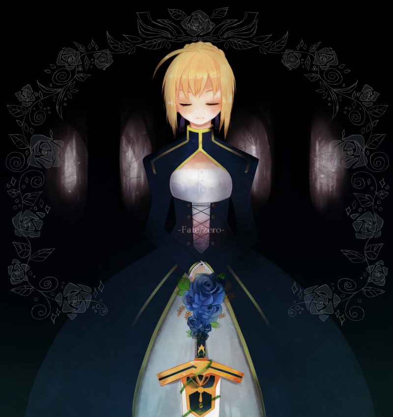 ahoge, bad_id, blonde_hair, blue_rose, closed_eyes, dress, excalibur, eyes_closed