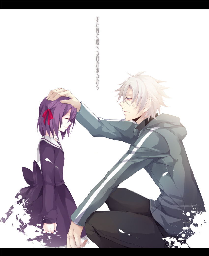 1girl, chikuwa_(mukita), child, dress, fate/stay_night, fate/zero, fate_(series), hair_ribbon, highres, hoodie, letterboxed, matou_kariya, matou_sakura, petting, purple_eyes, purple_hair, ribbon, violet_eyes, white_hair, young