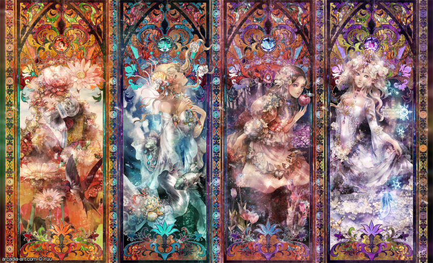 apple, apron, art_nouveau, autumn, bare_shoulders, bird, blonde_hair, blue_eyes