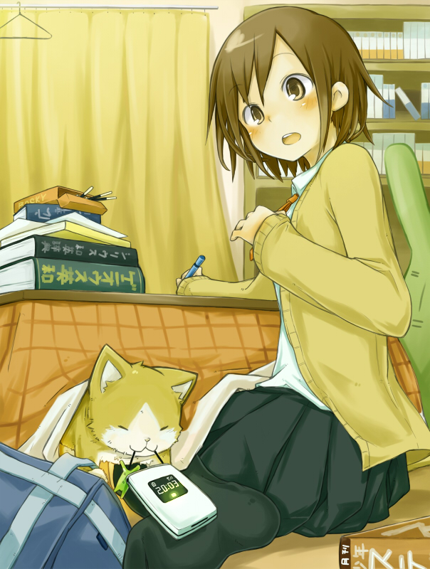 artist_request, bag, black_legwear, book, brown_eyes, brown_hair, cardigan, cat, cellphone, homework, kadokoa, kotatsu, open_mouth, original, pantyhose, pen, phone, pleated_skirt, pocky, short_hair, sitting, skirt, solo, surprised, table, wariza