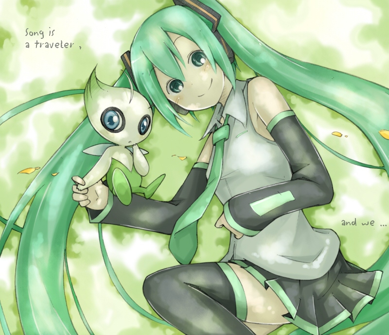1girl, aqua_eyes, aqua_hair, celebi, crossover, detached_sleeves, english, engrish