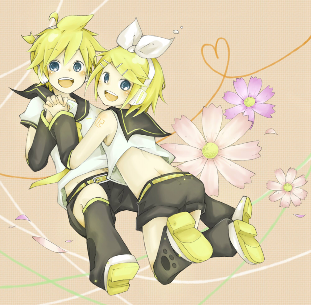 1girl, blonde_hair, blue_eyes, brother_and_sister, flower, graphite_(medium), hair_ribbon, hand_holding