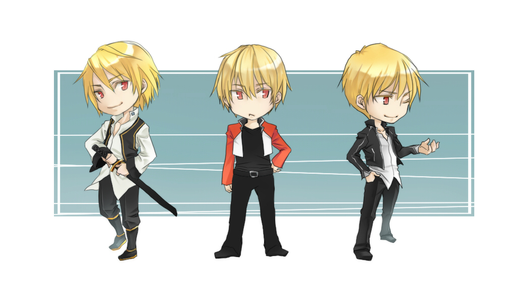 blonde_hair, chibi, chitoko_(krc2), crossover, fate/stay_night, fate_(series), gilgamesh, jacket