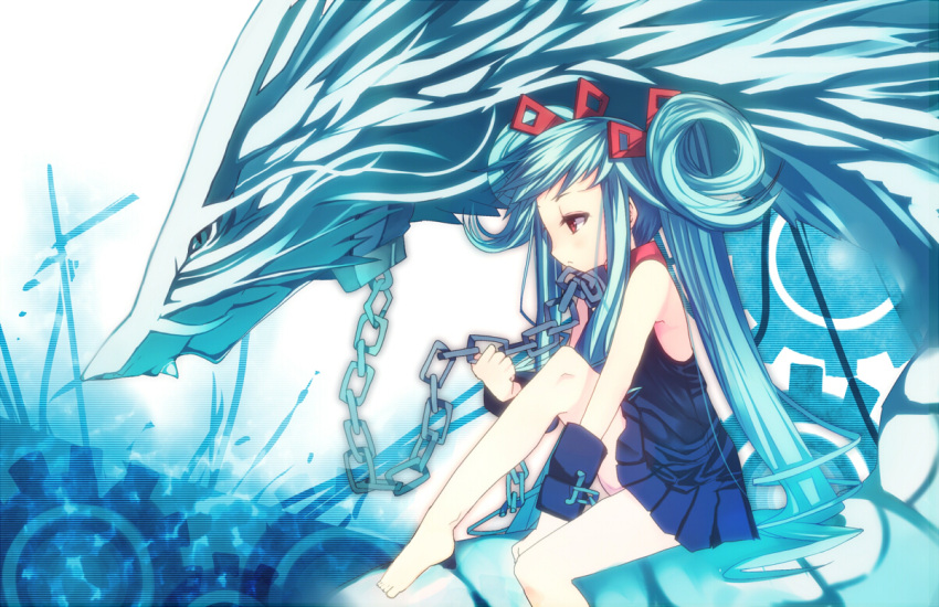aqua, aqua_hair, bare_arms, barefoot, blue, blue_hair, bracer, chain