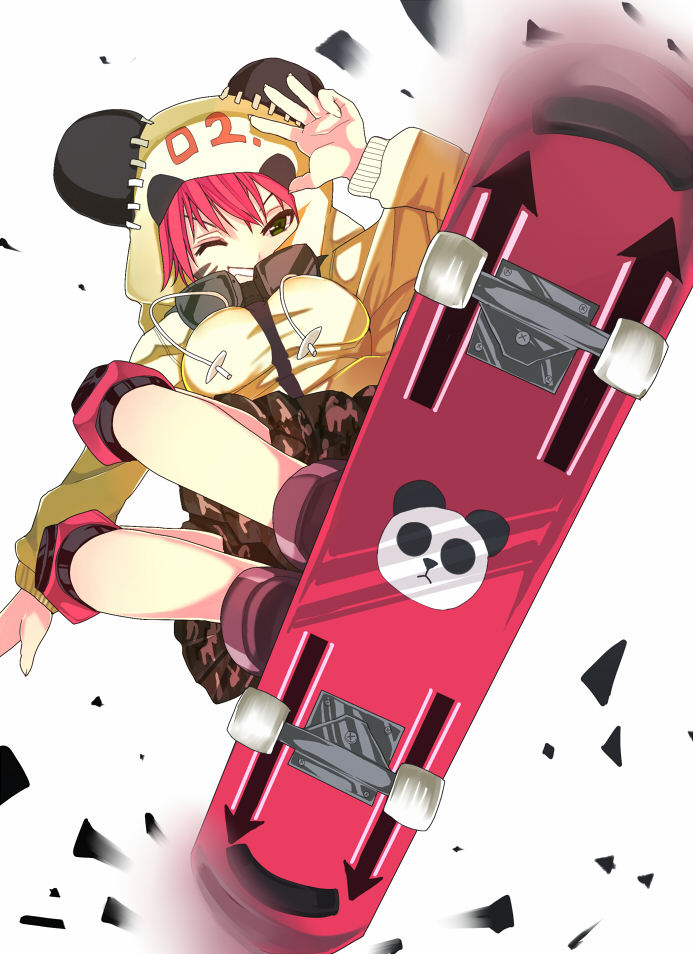 breasts, green_eyes, grin, knee_pads, motion_blur, original, panda, red_hair