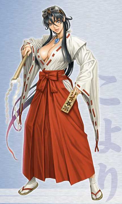 bamboo-shafted_broom, blue_hair, bow, breasts, cleavage, detached_sleeves, goggles, hakama