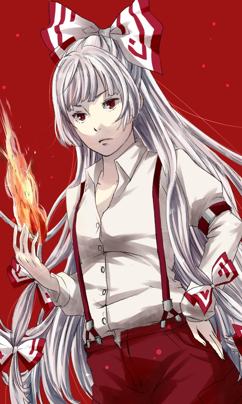 fire, flame, fujiwara_no_mokou, highres, long_hair, meso, red_background, simple_background