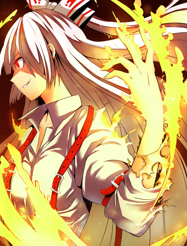 buckle, burned_clothes, burnt_clothes, fire, fujiwara_no_mokou, kessakudaze, long_hair, profile