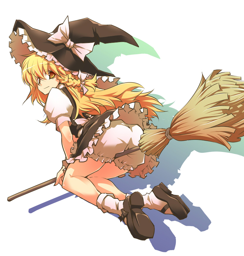 1girl, ass, bloomers, braid, broom, hat, hermmy, kirisame_marisa, solo, touhou, witch_hat, yellow_eyes