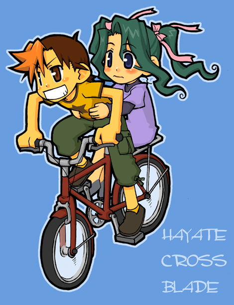 bicycle, blue_hair, brown_hair, casual, enaka, green_hair, grin, hair_ribbon, hayate_x_blade, inugami_isuzu, kibi_momoka, multicolored_hair, multiple_girls, ribbon, short_hair, smile, two-tone_hair