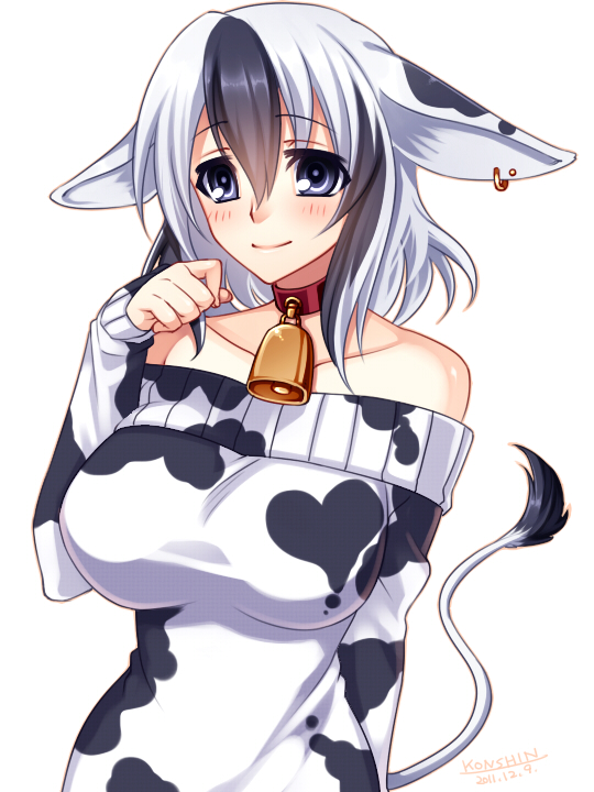 animal_ears, bare_shoulders, bell, bell_collar, blue_eyes, blush, breasts, collar