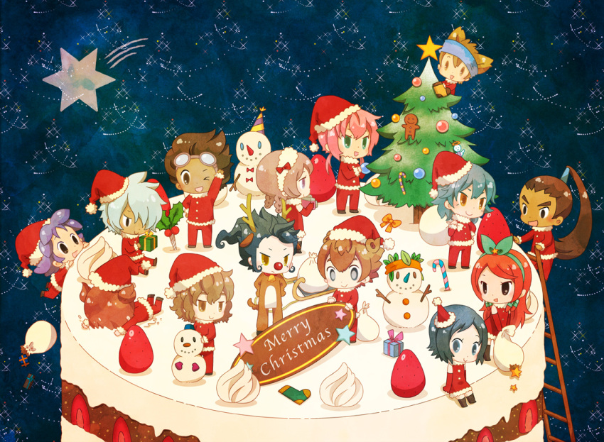 blue_eyes, boots, brown_hair, cake, candy_cane, christmas, christmas_tree, endou_mamoru
