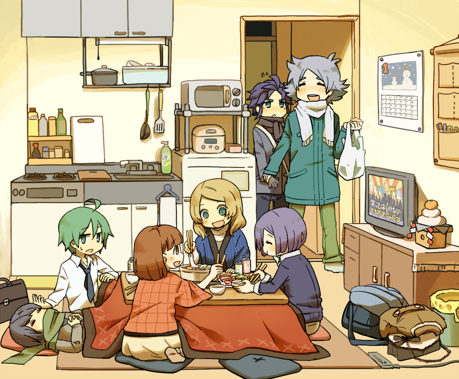 4boys, ahoge, araya_konko, bag, blonde_hair, blue_hair, blush, brown_hair