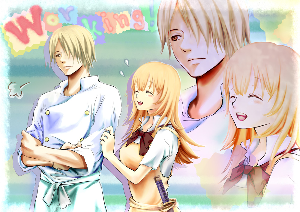 blonde_hair, brown_eyes, chef, closed_eyes, eyes_closed, hair_over_one_eye, long_hair, puchiri