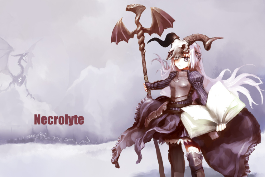 armor, armored_dress, army, book, breastplate, cosplay, defense_of_the_ancients, dragon, eucliwood_hellscythe, greaves, hair_ribbon, horns, juliet_sleeves, kore_wa_zombie_desu_ka?, long_hair, long_skirt, long_sleeves, necrolyte, necrolyte_(cosplay), one-eyed, parody, puffy_sleeves, ribbon, sheepspear, silver_hair, skeleton, skirt, skull, solo, staff, tome, very_long_hair, wings